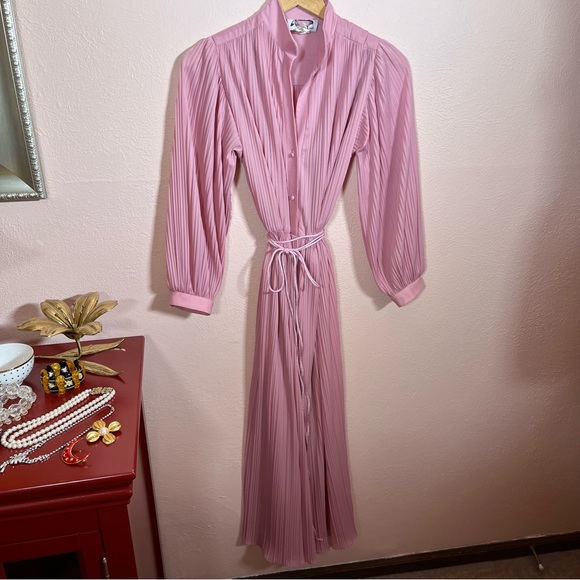 Vintage 60 70 Retro Micro Pleated Pink Balletcore High Collar Secretary Dress - Picture 3 of 17